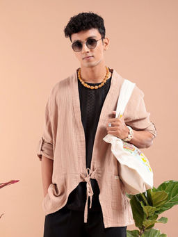 The Indian Garage Co - Men Boxy Fit Brown Solid Full Sleeves Shawl Collar Shrug
