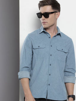 The Indian Garage Co - Men Regular Fit Blue Textured Full Sleeves Cutaway Collar Shirt