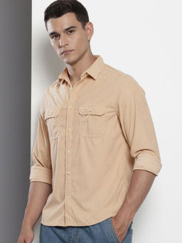 The Indian Garage Co - Men Regular Fit Beige Textured Full Sleeves Cutaway Collar Shirt