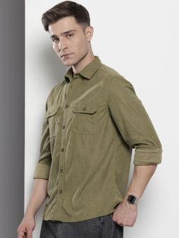 The Indian Garage Co - Men Regular Fit Olive Textured Full Sleeves Cutaway Collar Shirt