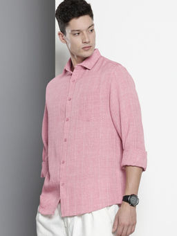 The Indian Garage Co - Men Slim Fit Pink Vertical Striped Full Sleeves Cutaway Collar Shirt