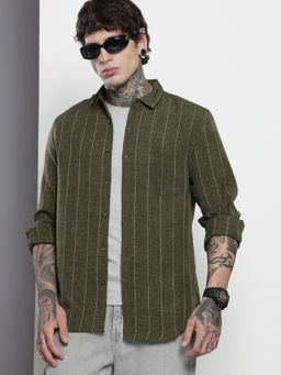 The Indian Garage Co - Men Slim Fit Olive Vertical Striped Full Sleeves Cutaway Collar Shirt