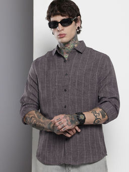 The Indian Garage Co - Men Slim Fit Grey Vertical Striped Full Sleeves Cutaway Collar Shirt