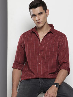 The Indian Garage Co - Men Slim Fit Maroon Vertical Striped Full Sleeves Cutaway Collar Shirt
