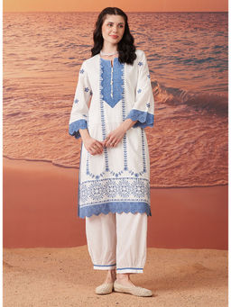 Lakshita - Women Blue Currant Embroidered Cotton Dobby Kurta with Salwar (Set of 2)