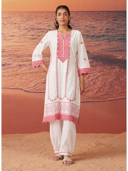 Lakshita - Women Pink Currant Embroidered Cotton Dobby Kurta with Salwar (Set of 2)