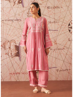 Lakshita - Women Light Pink Embroidered Cotton Viscose Crinkle Kurta with Salwar (Set of 2)