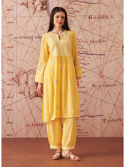 Lakshita - Women Yellow Embroidered Cotton Viscose Crinkle Kurta with Salwar (Set of 2)