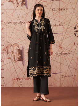 Lakshita - Women Black Embroidered Cotton Jacquard Kurta with Pant (Set of 2)