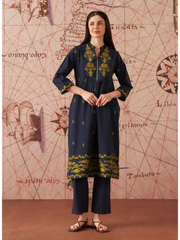 Lakshita - Women Blue Embroidered Cotton Jacquard Kurta with Pant (Set of 2)