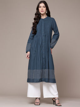 Ritu Kumar - Womens Cotton Embroidered Blue Kurta