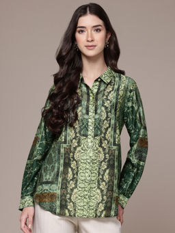 Ritu Kumar - Womens Cotton Abstract Green Shirt