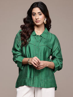 Ritu Kumar - Womens Viscose Embroidered Green Shirt