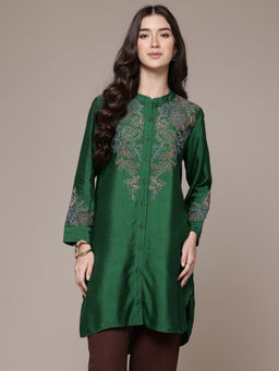 Ritu Kumar - Womens Viscose Embroidered Green Kurti