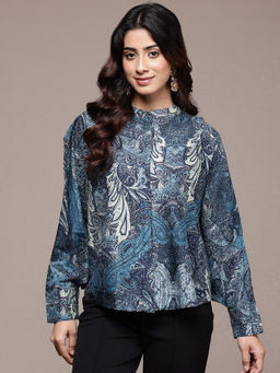 Ritu Kumar - Womens Viscose Printed Blue Shirt
