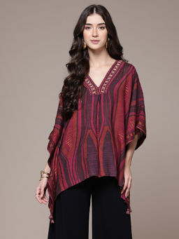 Ritu Kumar - Womens Viscose Printed Maroon Kaftan