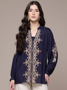 Ritu Kumar - Womens Viscose Embroidered Navy Blue Top with Inner