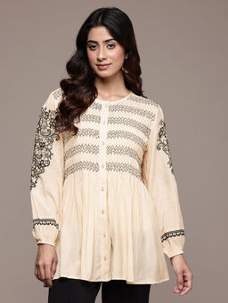 Ritu Kumar - Womens Viscose Embroidered Beige Shirt with Inner