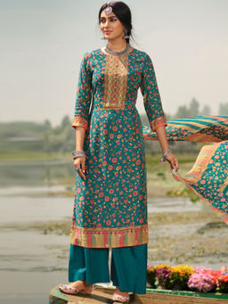 Stylee LIFESTYLE - Turquoise Pashmina Printed Unstitched Dress Material (Set of 3)