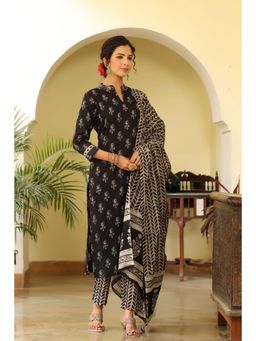 Vaamsi - Cotton Blend Printed Kurta Pant Dupatta Black (VKSKD1182) (Set of 3)