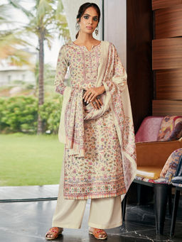 Stylee LIFESTYLE - Cream Pashmina Printed Unstitched Dress Material (Set of 3)