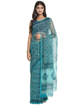Fabindia - Aqua Hand Block Print Cotton Silk Saree