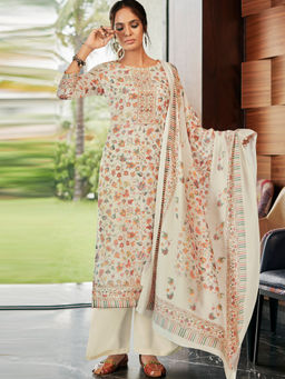 Stylee LIFESTYLE - Cream Pashmina Printed Unstitched Dress Material (Set of 3)
