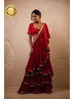 Tuli - Ranrez Red Pre-Draped Saree With Stitched Blouse