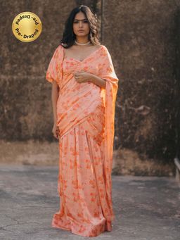 Baaro Masi - Light Coral Vegan Satin Draped Saree with Stitched Blouse
