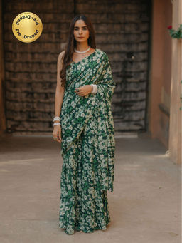 Baaro Masi - Dark Green Modal Printed Draped Saree with Stitched Blouse