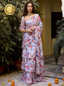 Baaro Masi - White Periwinkle Floral Waterfall Style Pre Draped Saree with Stitched Blouse