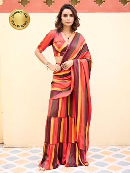 Baaro Masi - Multicoloured Striped Pre Draped Saree with Stitched Blouse