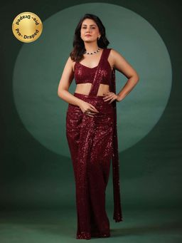 B'Infinite - Vermilion Dazzling Pre Draped Saree with Stitched Blouse