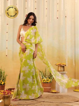 B'Infinite - Green Lime Tropical Embellished Draped Saree with Stitched Blouse