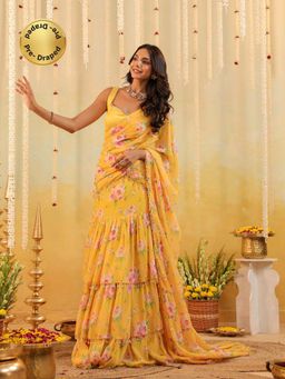 B'Infinite - Yellow Sunlit Garden Embellished Draped Saree with Stitched Blouse