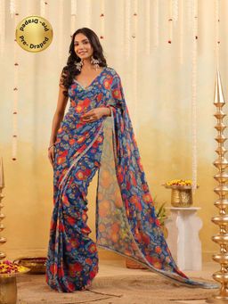 B'Infinite - Blue Carnival Bloom Draped Saree with Stitched Blouse