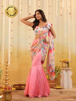 B'Infinite - Pink Pastel Tulip Embellished Draped Saree with Stitched Blouse