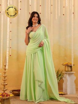 B'Infinite - Pastel Green Ruffle Embellished Draped Saree with Stitched Blouse