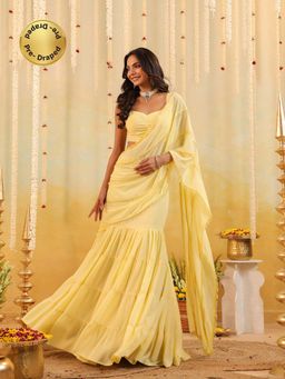 B'Infinite - Butter Yellow Embellished Draped Saree with Stitched Blouse
