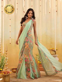 B'Infinite - Green Pop Mirage Embellished Draped Saree with Stitched Blouse