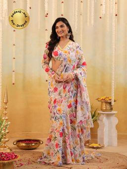 B'Infinite - White Garden Tulipe Embellished Draped Saree with Stitched Blouse