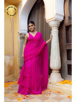 DEASHA INDIA - Urvika Pink Ruffle Pre Draped Saree with Stitched Blouse