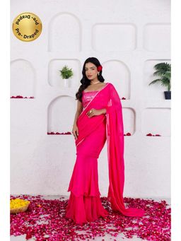 DEASHA INDIA - Gia French Rose Pink Ruffle Pre Draped Saree with Stitched Blouse