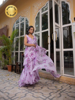 DEASHA INDIA - Anisah Lavender Floral Printed Ruffle Pre Draped Saree with Stitched Blouse