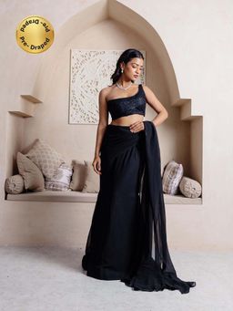 DEASHA INDIA - Sana Black One Shoulder Ready To Wear Saree with Stitched Blouse