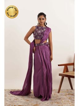 DEASHA INDIA - Nishaat Regal Purple Silk Pre Draped Saree with Stitched Blouse