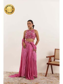 DEASHA INDIA - Nazah Pink Pure Silk Pre Draped Saree with Stitched Blouse
