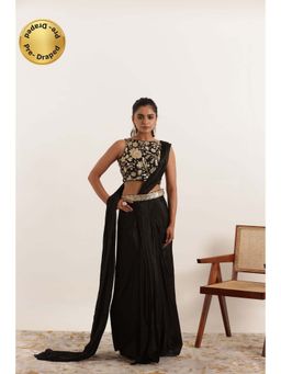 DEASHA INDIA - Rooh Black Pure Silk Pre Draped Saree with Stitched Blouse