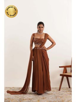 DEASHA INDIA - Aashvi Brown Pre Draped Saree with Stitched Blouse