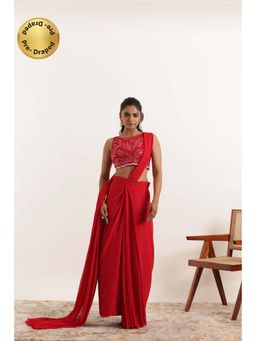 DEASHA INDIA - Aria Cherry Red Pre Draped Saree with Stitched Blouse